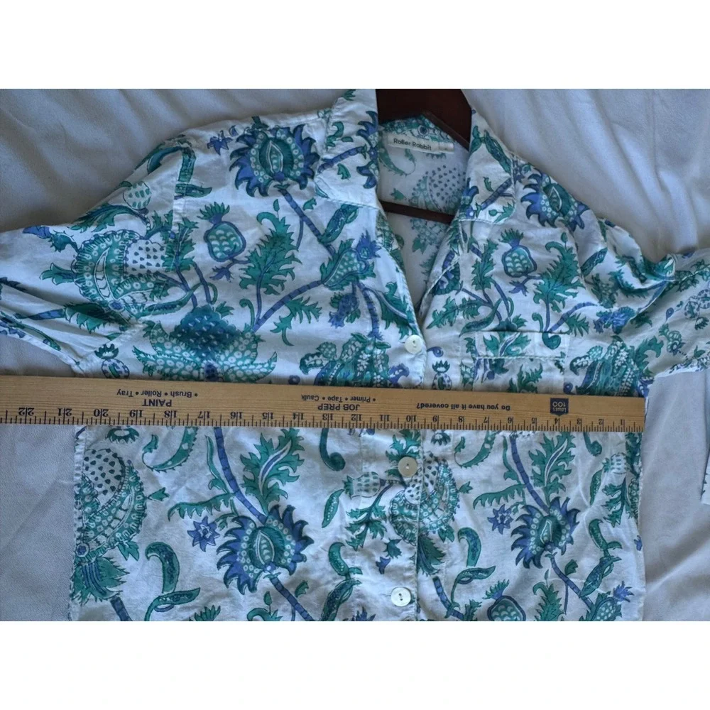 Roller Rabbit Blue Green Block Print Floral Cotton Pajama Top M Boho Prep pocket